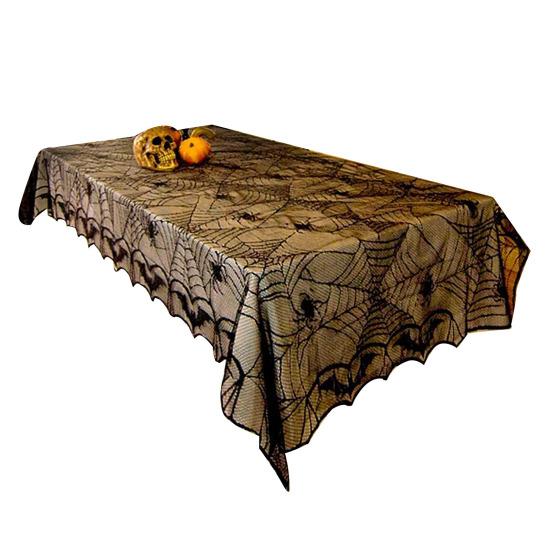 Halloween Tablecloth Decoration Black Lace Table Runner Round Spider Cobweb Table Cover Fireplace Mantel Scarf Lampshade Bat Wall Stickers for