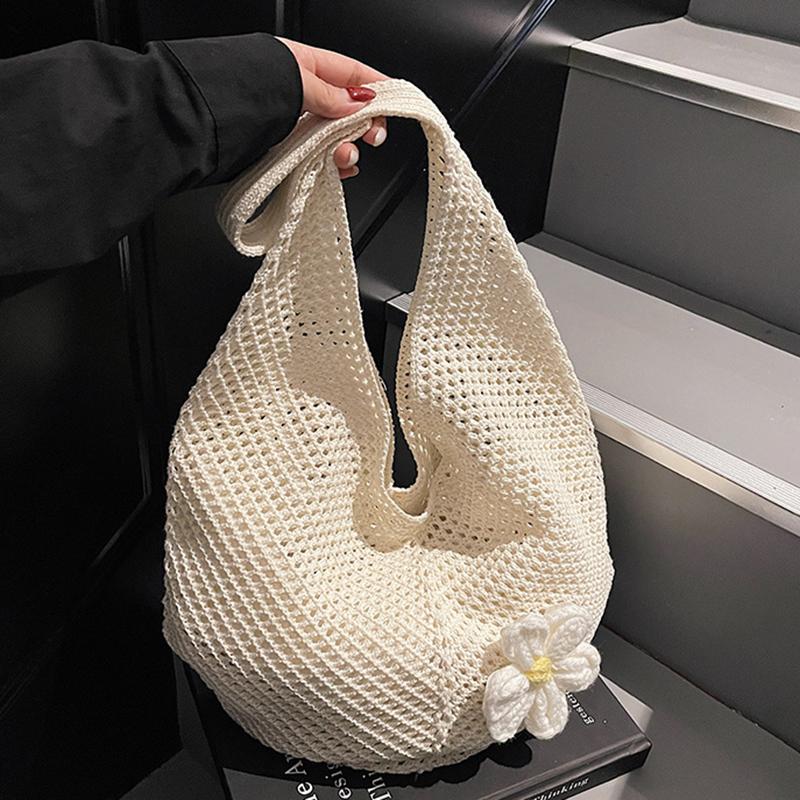 Women's Casual Hollow Out Wicker Woven Ladies Handmade Totes Bag Large Capacity Summer Beach Floral Decor Female's Shoulder Bag