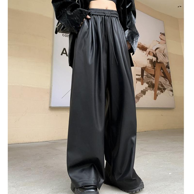 Модные уличные черные широкие брюки из искусственной кожи, женские однотонные прямые свободные повседневные брюки, женские элегантные облегающие винтажные женские брюки с высокой талией 25620