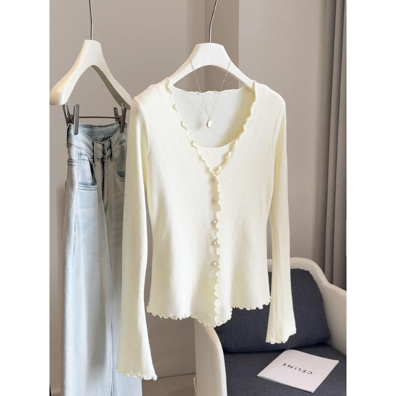 Осень Зима Поддельный Двойной Сплошной Цвет Пуловер Свитер Женский Повседневный Модный Все-сочетающийся Вязаный Топ