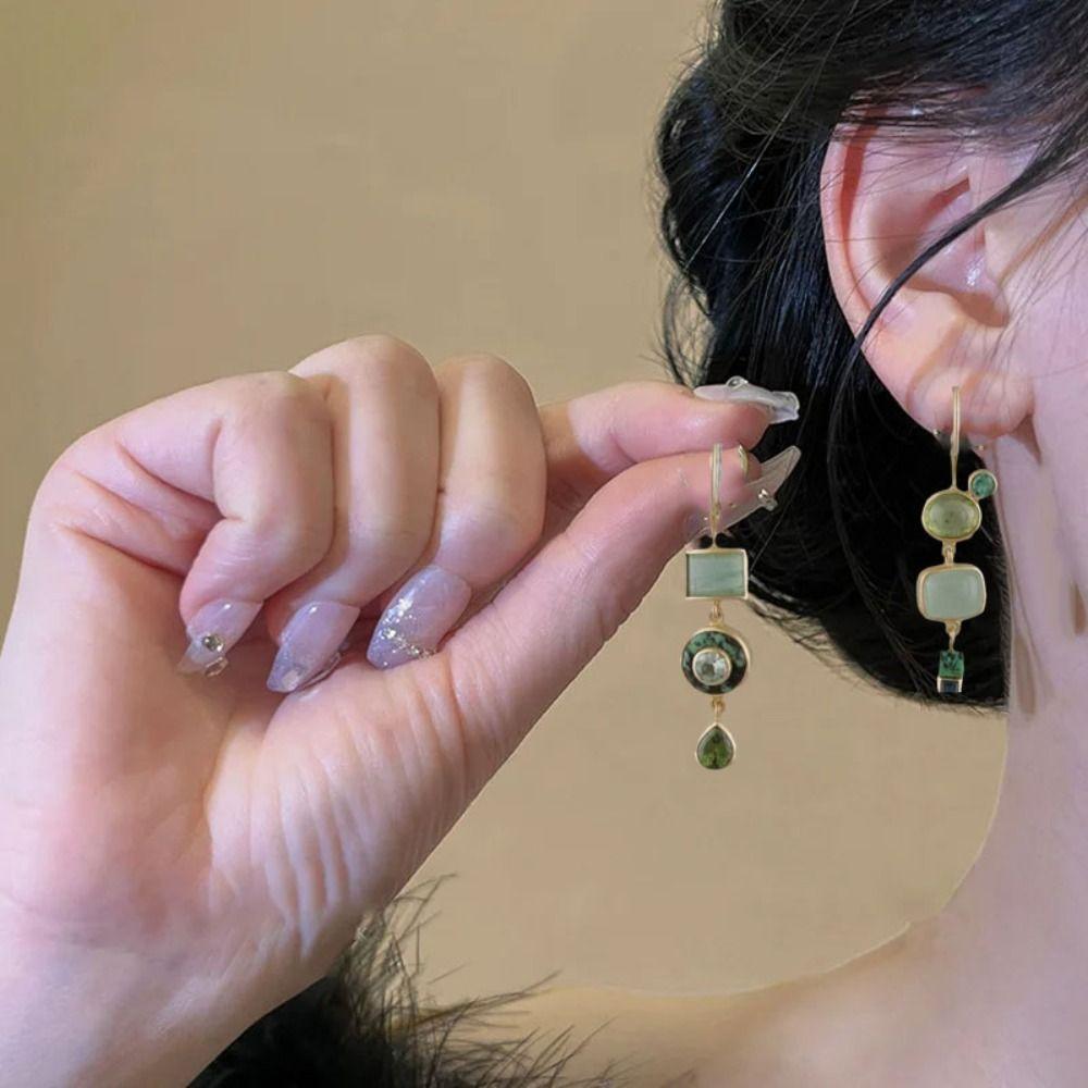 Зеленые Винтажные Зеленые Серьги Геометрические Модные Украшения Асимметричные Подвески для Ушей Женские