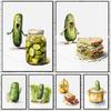 Cucumber Pickle Art Canvas Painting Whimsical Funny Poster Pickle Watercolor Print Wall Art Picture for Kitchen Home Decoration