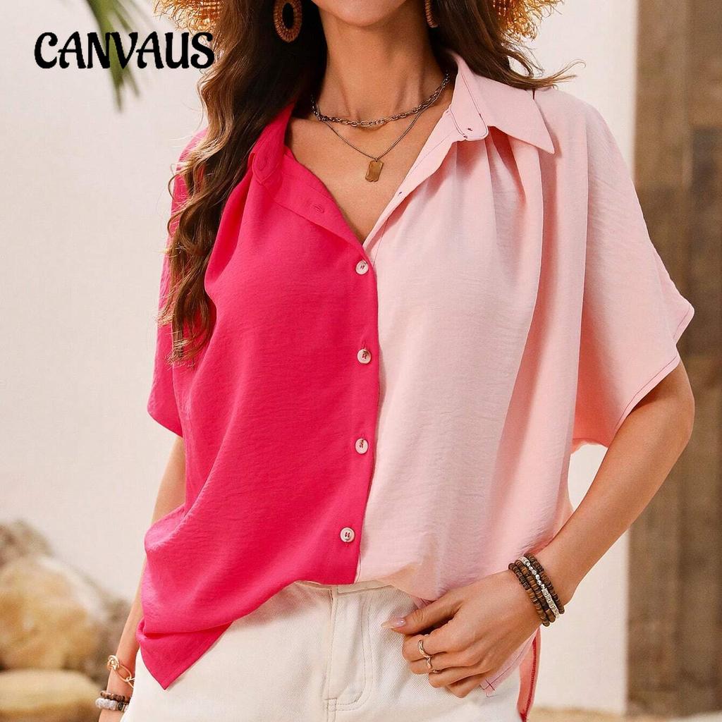 Женская рубашка, летний модный кардиган с цветными блоками, воротник на пуговицах, короткий рукав, женские топы