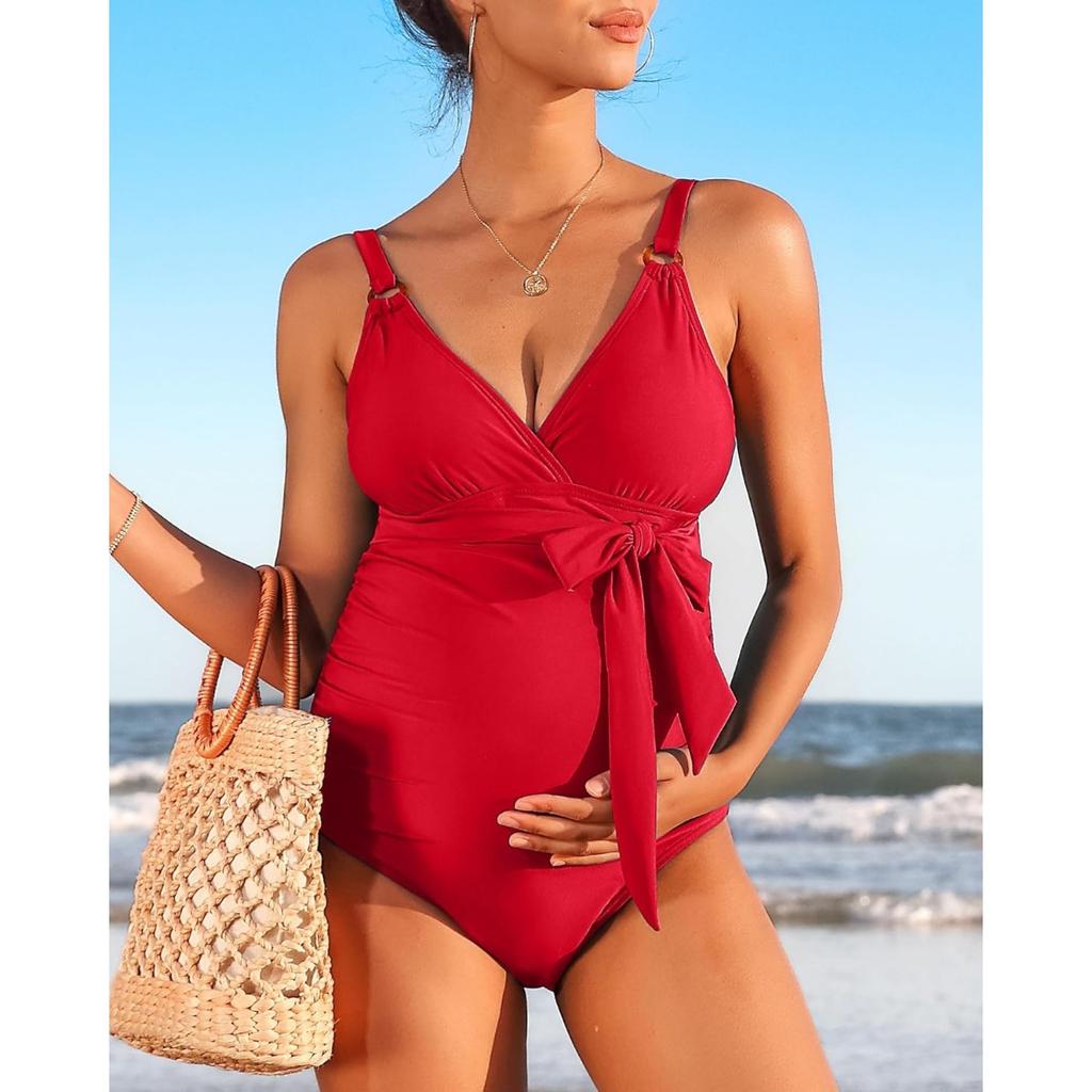 CHARMLEAKS Купальник для беременных Цельный купальный костюм с V-образным вырезом для беременных с завязками спереди и рюшами Купальники