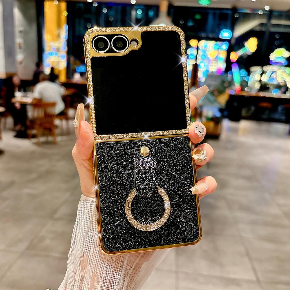 Luxury Rhinestone Plating Frame Lychee Leather Phone Case For SAMSUNG Z Flip 7 6 5 4 3 Finger Ring Solid Color Protective Cover