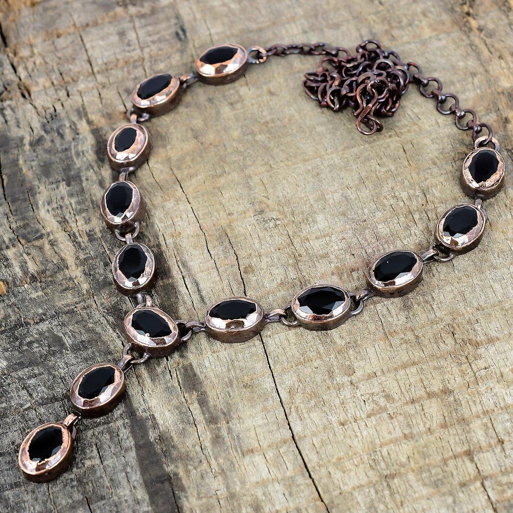 Ожерелье из граненого черного оникса, гальванизированная медь, регулируемая цепочка, ожерелье из драгоценного камня, медные украшения, ручная работа, ожерелье с камнем рождения, свадебный подарок