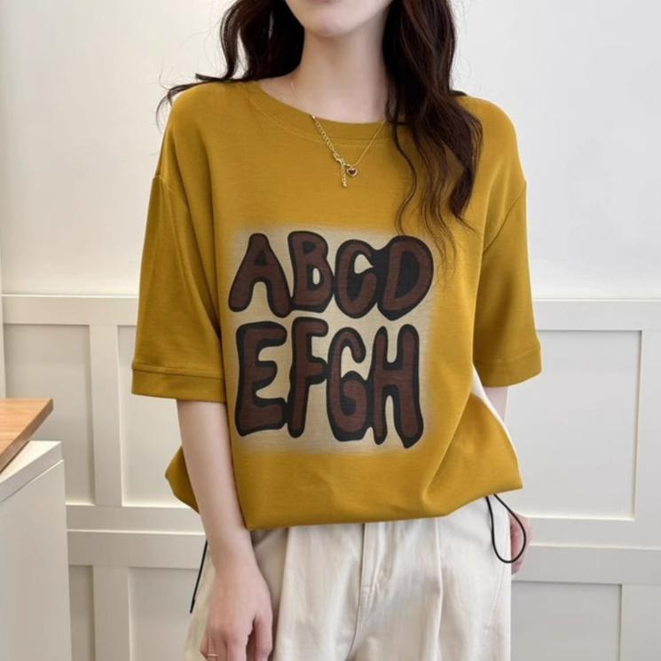 Dimanaf 2025 Летняя футболка женская с принтом букв, асимметричная, с коротким рукавом, свободная, белая, черная
