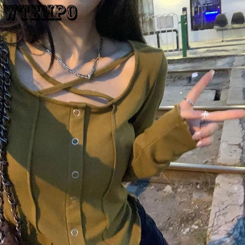 WTEMPO Y2K рубашки с длинным рукавом женские Harajuku корейские тонкие рыжие серые топы женские однотонные повседневные футболки с длинными рукавами уличная одежда