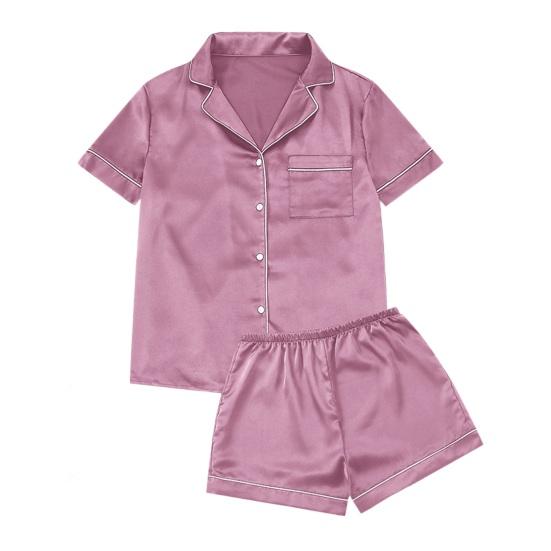 2 Pcs/Set Women Shirt Shorts Suit V Neck Lapel Short Sleeves Satin Solid Color Top Elastic Waist Short Trousers Homewear Loungewear OutfitLoungewear