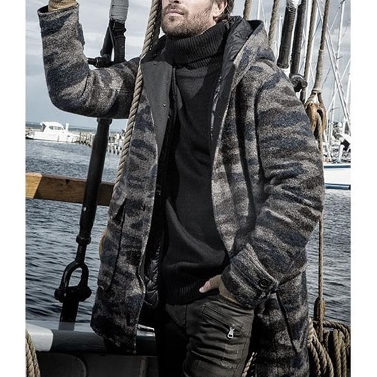 Мужское шерстяное пальто с принтом, теплое с капюшоном, хлопковая подкладка