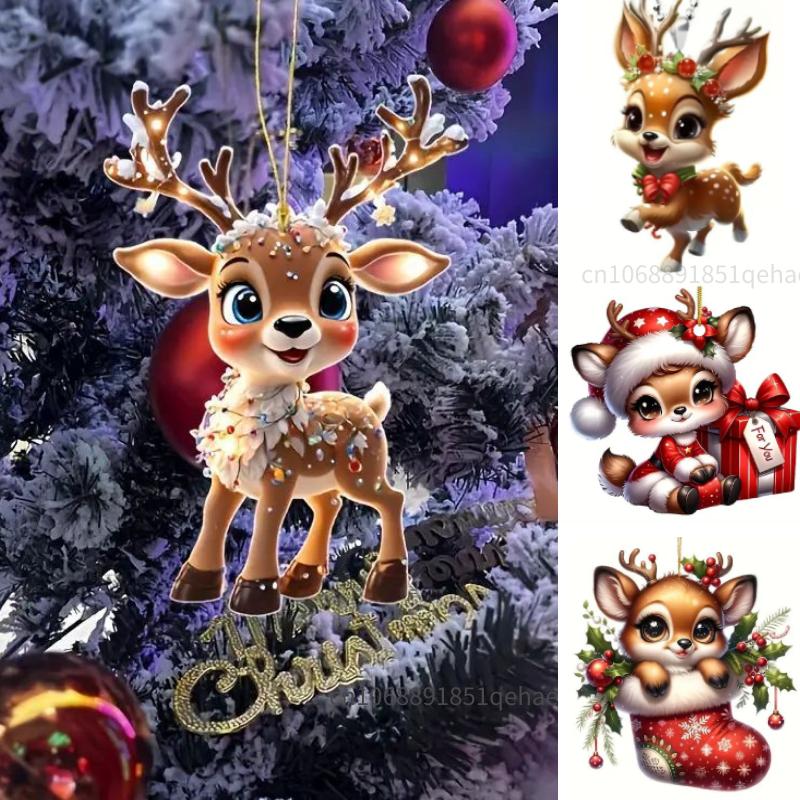 2D Acrylic Cartoon Fawn Christmas Tree Pendant Christmas Cartoon Cute Elk Hanging Decorations New Gifts Party Decor