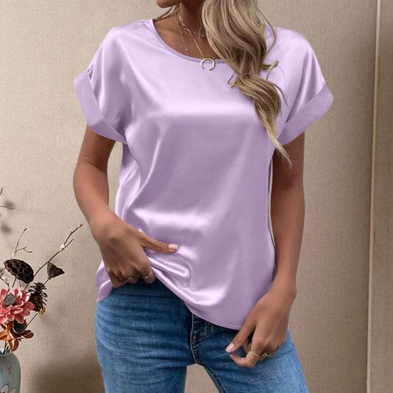 O-Neck Short Sleeve Loose Fit Women T-shirt Solid Color Smooth Satin Tops Streetwear