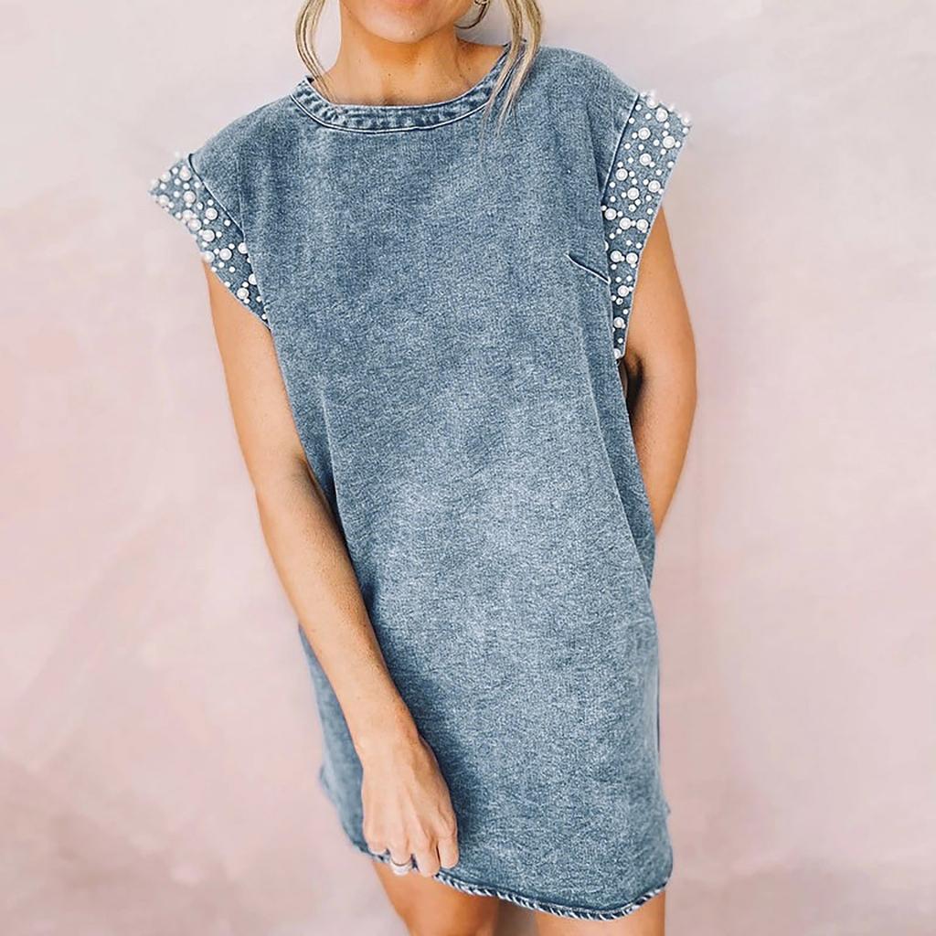 Women Casual Summer Sexy Round Neck Short Sleeve Slimming Loose Denim Dress