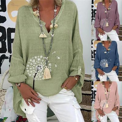 Женская модная блузка с длинным рукавом из хлопка и льна с принтом и V-образным вырезом