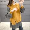 Korean Fashion Fake Two Pieces Blouse Women Casual O-neck Long Sleeve Patchwork Tops