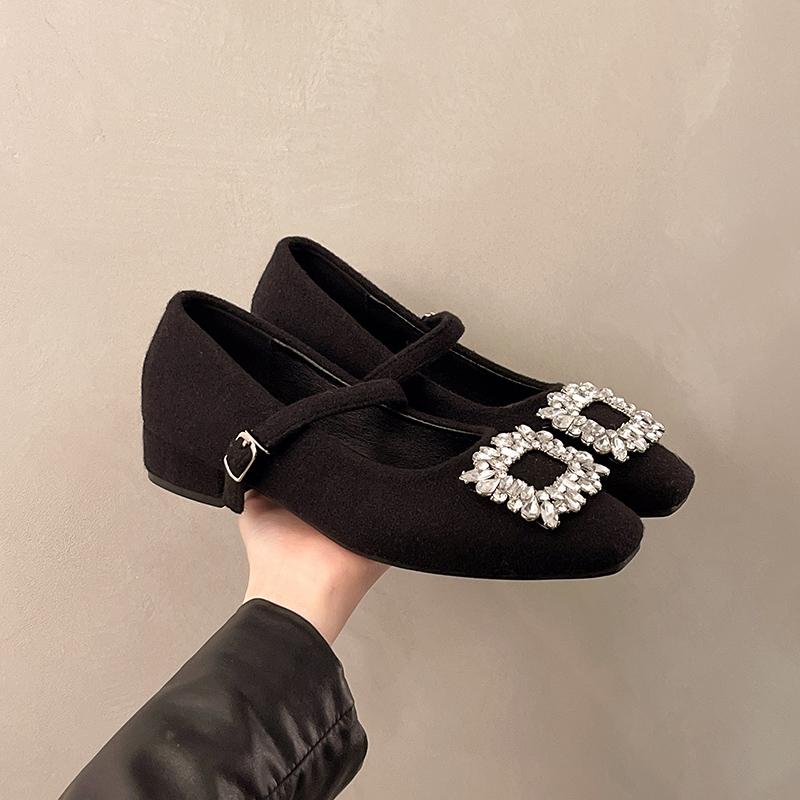 Fashion Flat Retro Square Toe Mary Jane Shoes Women's Outside Wear 2025 Spring New Rhinestone Square Button Single Shoes