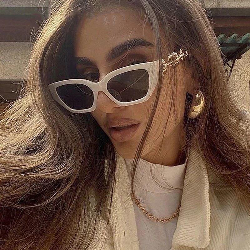 Ретро Солнцезащитные очки «Кошачий глаз» на металлической цепочке для ноги, Солнцезащитные очки с высококлассной текстурой, Уникальные европейско-американские солнцезащитные очки