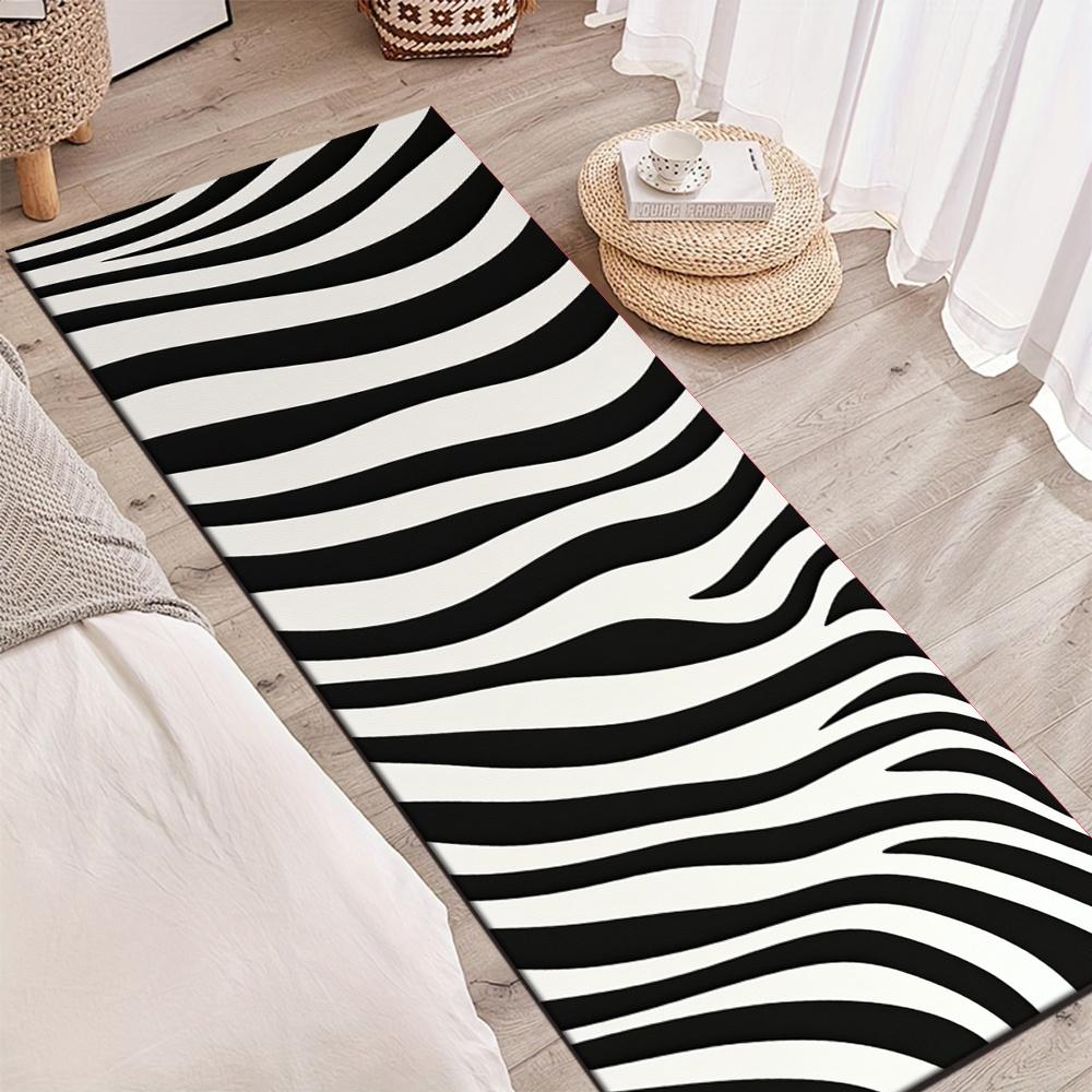 Classic Black White Zebra Wave Stripe Runner Rug, Non-Slip Rug for Kitchen, Entryway, Bathroom & Living Room Fashion Decor
