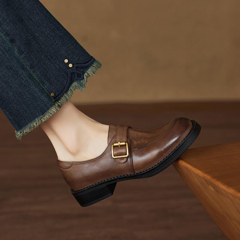 Мода 2025 Новые Винтажные Женские Туфли-Лодочки из Натуральной Кожи с Круглым Носком в Ретро Стиле с Пряжкой-Ремнем Женские Весенне-Летние Базовые Туфли-Лодочки для Офисной Леди