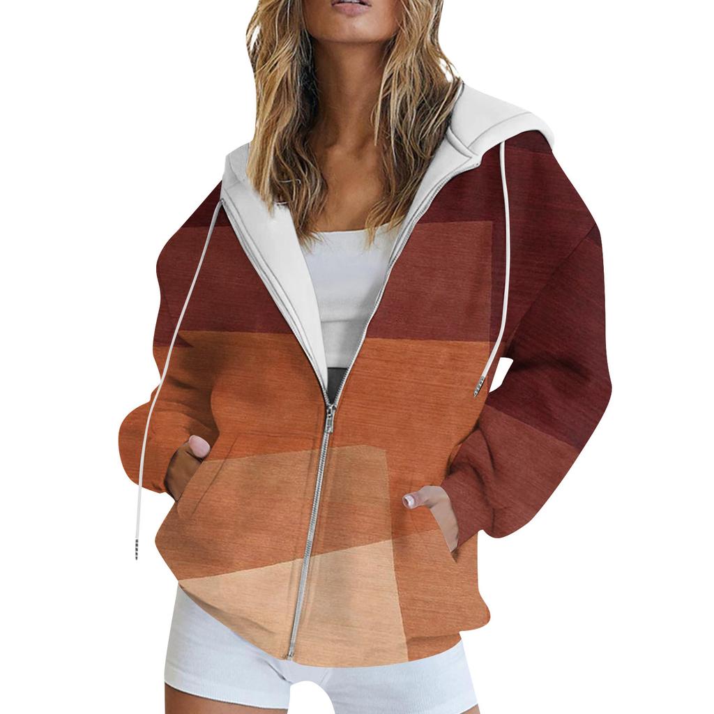 Women's Long Sleeve Print Sweatshirt Long Sleeve Pocket Jacket Zipper Hoodie Coat