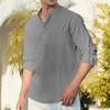 Men's Cotton Linen T-shirt Long Sleeve Spring Summer Henley Neck Casual Simple Style Breathable Fashion Vacation Tops