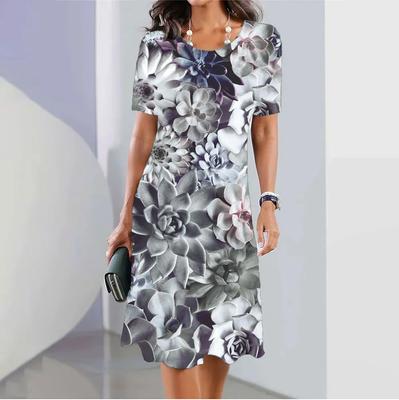Элегантное платье с цветочным принтом, женское платье с круглым вырезом и коротким рукавом, 2024, новое летнее женское повседневное свободное удобное винтажное длинное платье