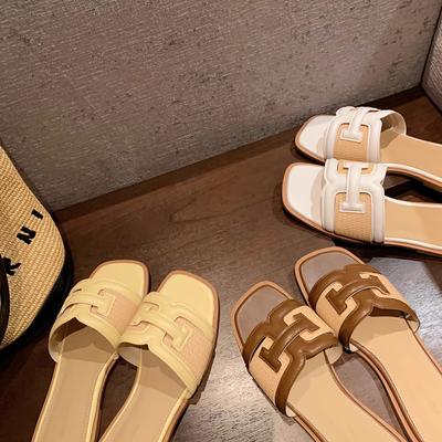 Овчина праздничный стиль квадратный носок плетение из соломы универсальные контрастные сандалии женские летние уличные тапочки