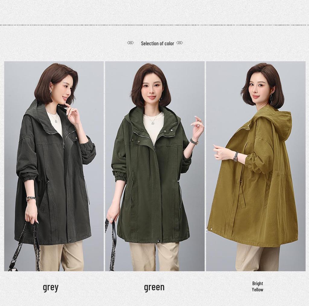 Women's Mid-Length Hooded Trench Coat, Spring/Autumn 2024: Pure Cotton, Long-Sleeve, Casual Workwear, Slimming Plus Size.