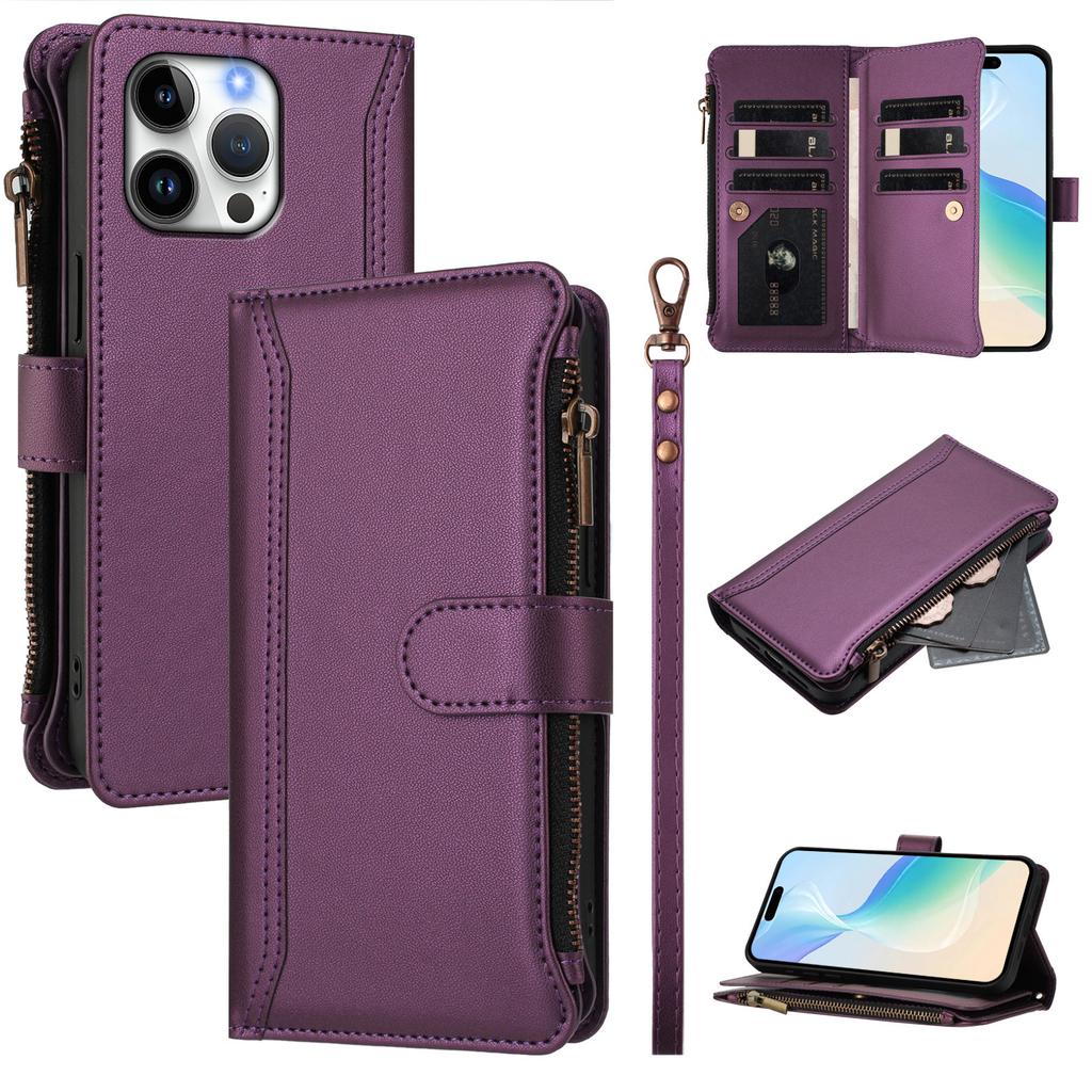 For iPhone 16 Pro Max Leather Case 9 Card Slots Zipper Wallet Stand Phone Cover with Wrist Strap