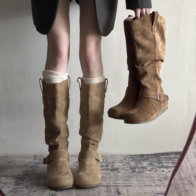 Руодан Биркен Ботинки Женские Осень 2025 Новые Но До Колена Узкие Ботинки Внутреннее Увеличение Высоты Складки Наборные Ботинки