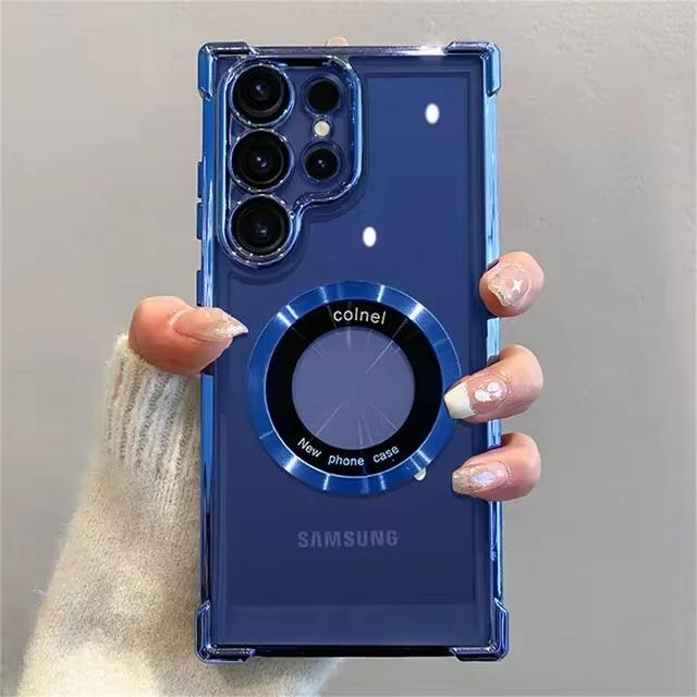 Роскошный магнитный чехол для беспроводной зарядки Samsung S25 S24 Ultra S23 FE S22 Plus, прозрачный противоударный защитный чехол для камеры