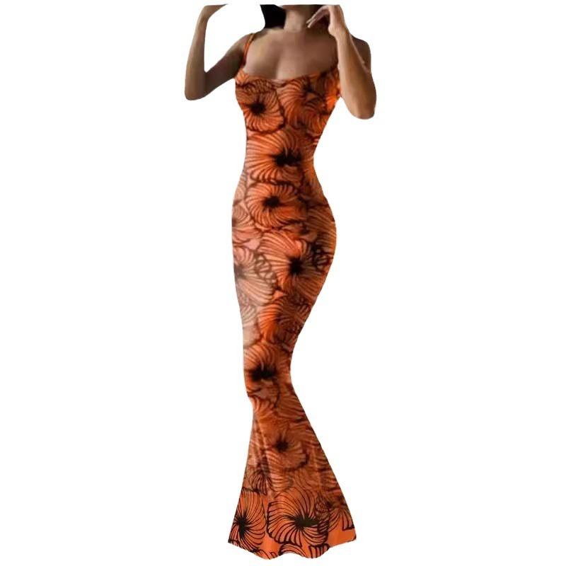 Summer Slim-fit Adjustable Strap Dress Sexy Peach Butt Print Fishtail Dress