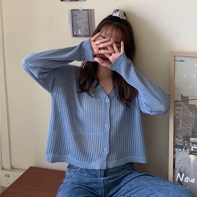 Thin Knit Sunscreen Cardigan Jacket for Women's Spring and Summer V-neck Hollowed Out Long Sleeved Air-conditioned Shirt