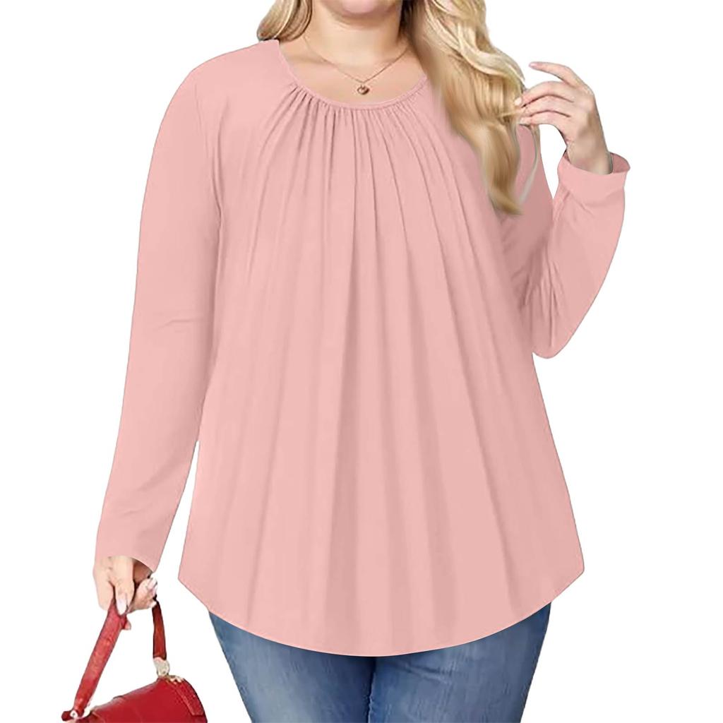 Women's Plus Size Fashion Solid Colour Casual Pleated Round Neck Long Sleeve Top