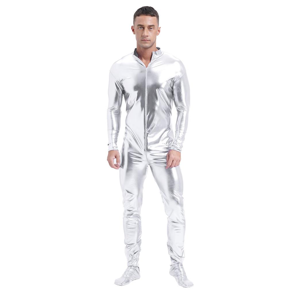 Mens Metallic Zentai Jumpsuit Full Body Tight Mock Neck Long Sleeve Club Performance Costume