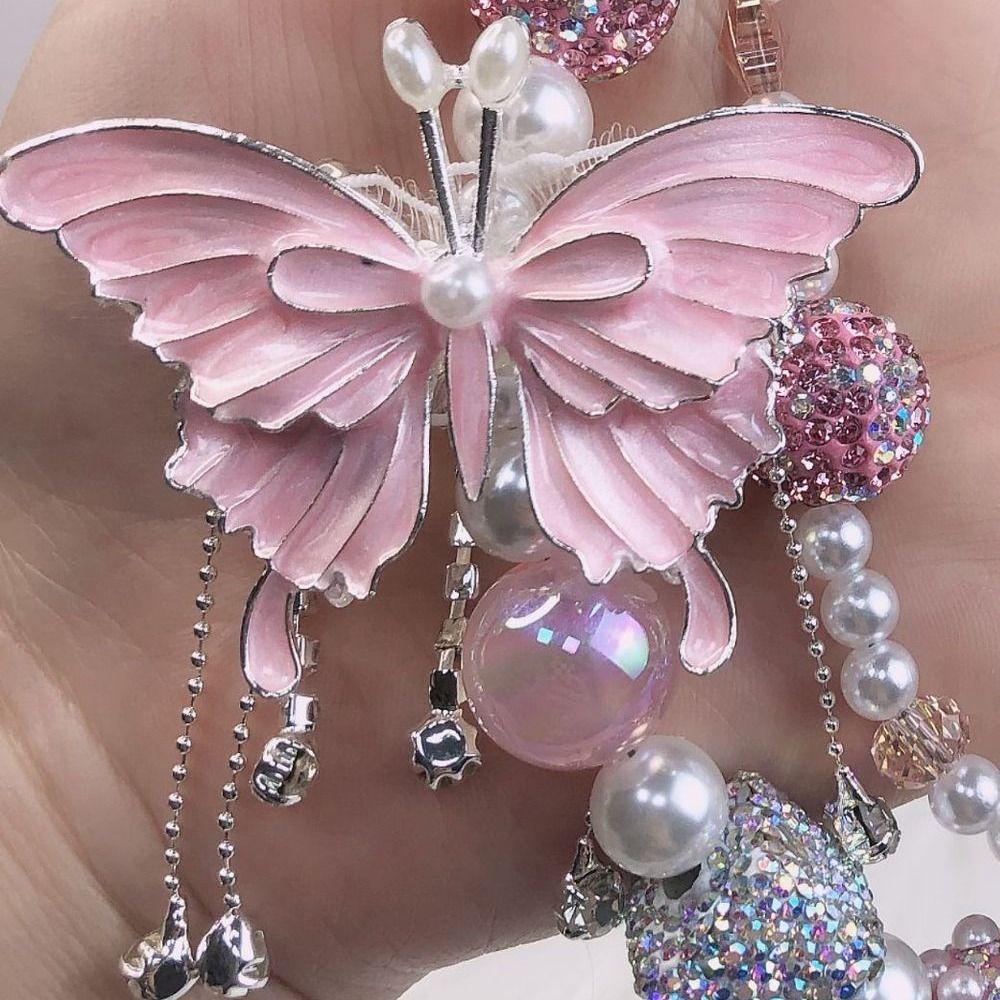 Glitter Butterfly Key Chain Double Layer Beads Bag Pendant Rhinestone Phone Chain  Backpack Pendant