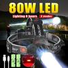80W Powerful LED Headlamp Headlight Rechargeable Head Flashlight Zoomable Fishing Head Lantern Use 18650 Battery
