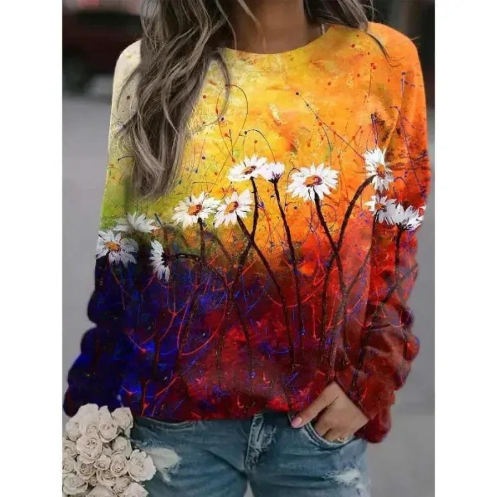 Casual Retro Long Sleeve Sweatshirt 3D Digital Print Round Neck Women's Fashion Polyester Fiber Full Length Cotton Blend