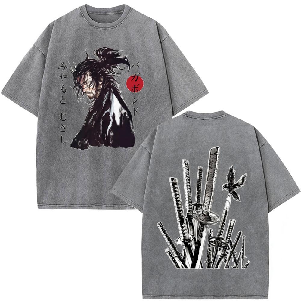 Vintage Washed Anime Vagabond Miyamoto Musashi Manga Tshirts Men Women Clothing Casual Cotton Short Sleeve Oversized T Shirts
