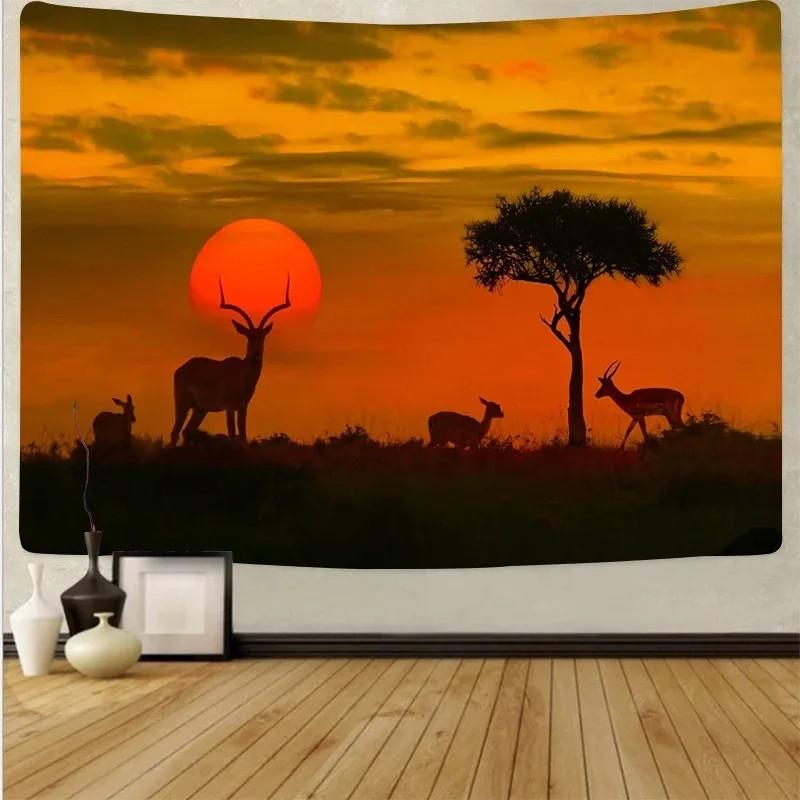 VIKAMA African Animal Silhouette Tapestry High Contrast Sunset Gradient Mural Acacia Tree Elements Living Room BB