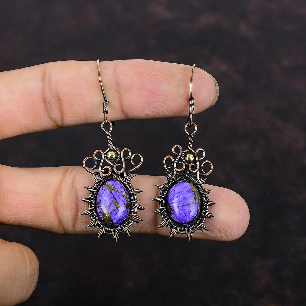 Серьги из медного чароита, серьги с драгоценными камнями, обернутые медной проволокой, красивые медные украшения, серьги ручной работы, обернутые проволокой, подарок для матери