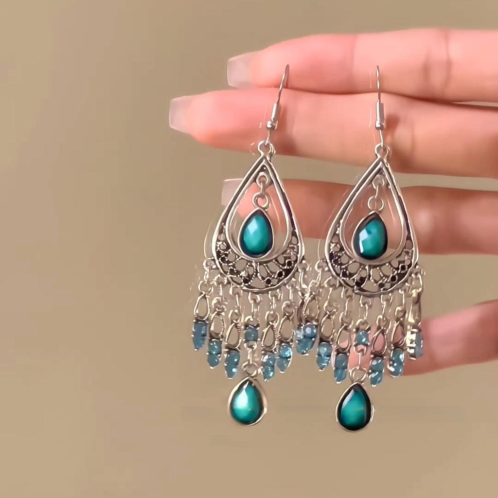 Bohemian diamond-set water drop fringed ear hook retro ethnic style earrings niche high-end fashion temperament earrings