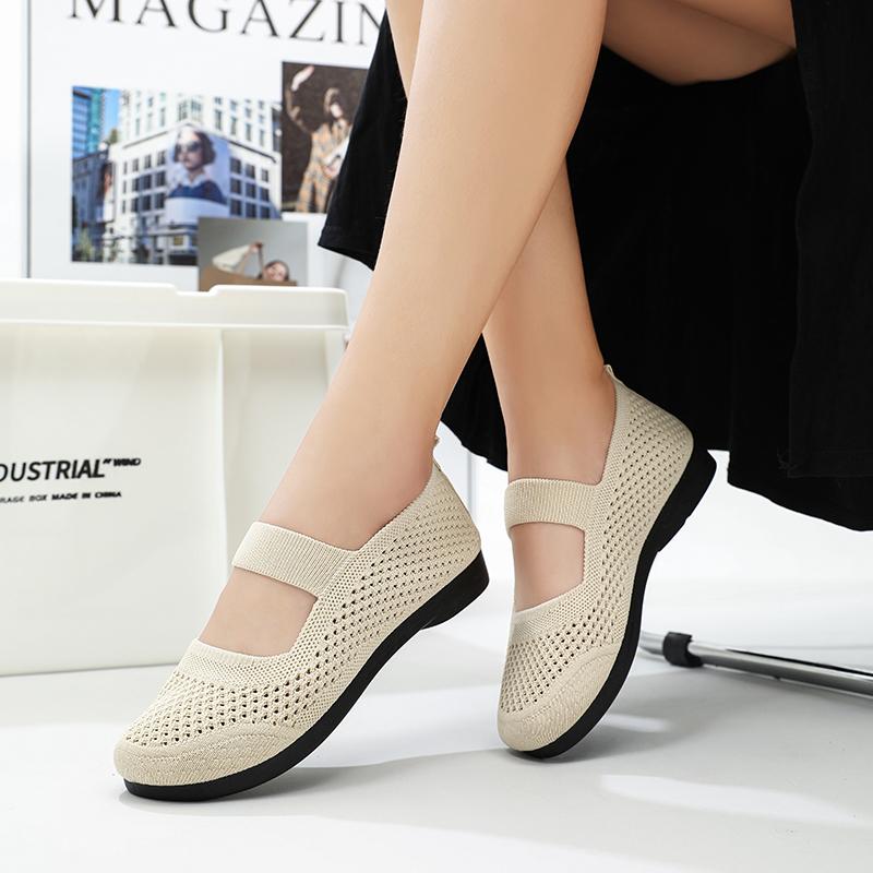 New Breathable Knitting Flats for Women Fashion Strap Soft Sole Loafers Shoes Woman Light Round Toe Mesh Non-Slip Casual Shoes