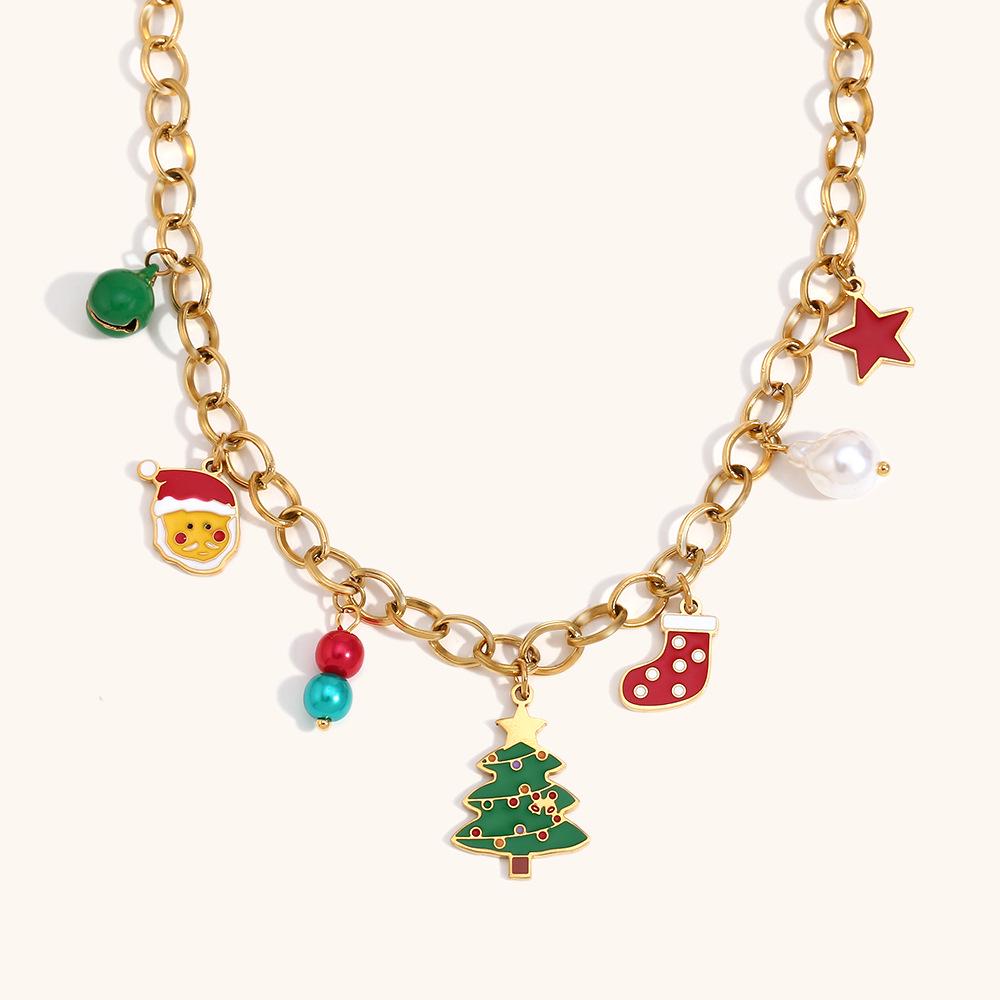 18K Gold Plated Christmas Tree Pendant with Colorful Epoxy and Santa Bell for Women