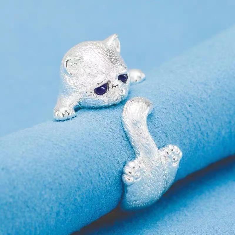 ANENJERY Кольцо с котом для женщин, милое кольцо с котом в японском стиле, простота, модные ювелирные изделия, подарки, кольца с синими стразами и глазами