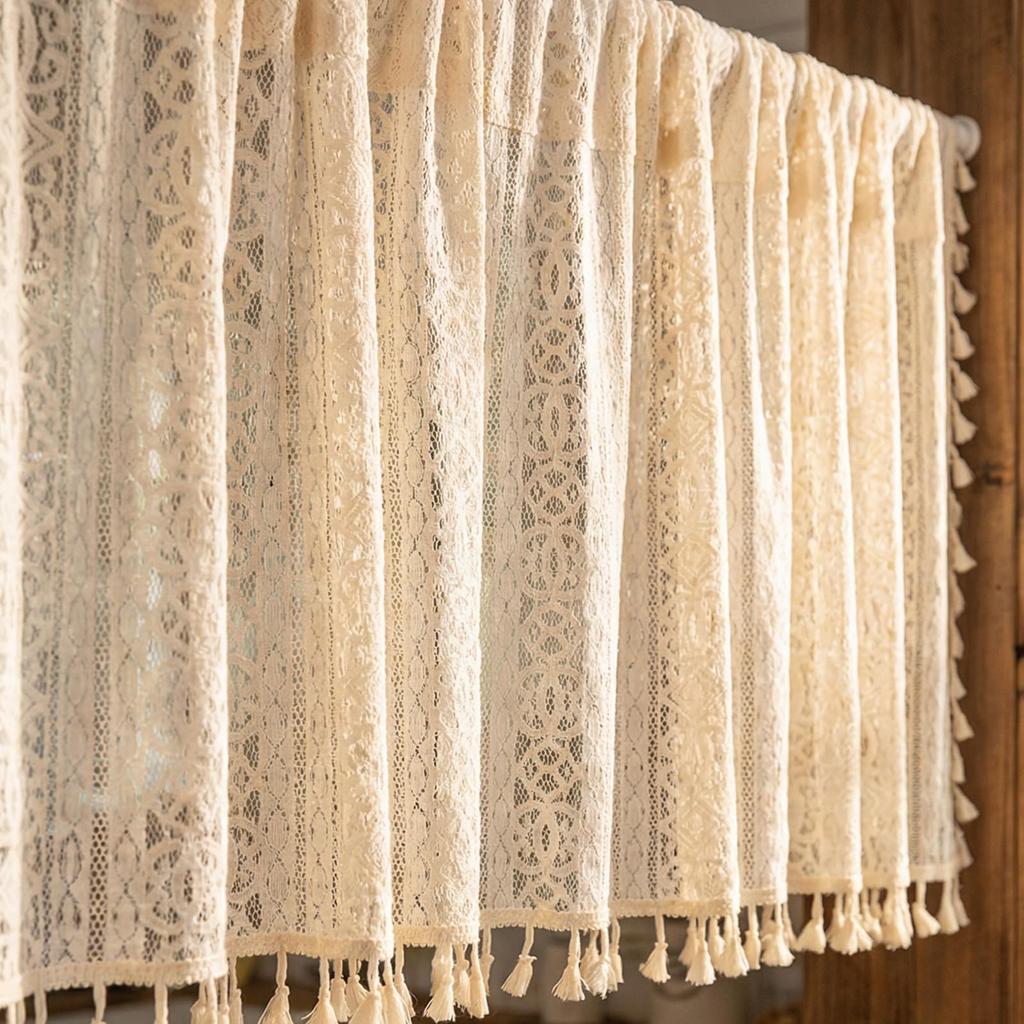 Bohemian Vintage Crochet Curtains Short Lace Rod Pocket Window Treatment for Living Room Farmhouse Bedroom Decor