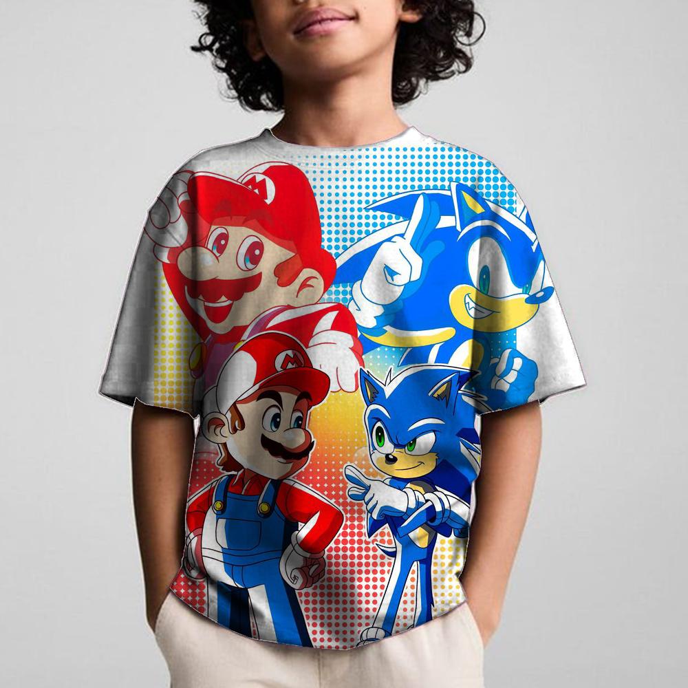 Round Neck 3D Cartoon Sonics Printed Casual Short Sleeved Children's Boy T-shirts - Soft Medium Stretch Polyester Fabric Summer Relaxed Fit Clothing