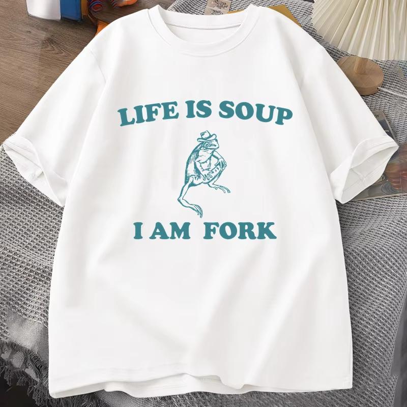 Футболка Life Is Soup I Am Fork Frog с рисунком, хлопковая унисекс, забавная ретро-футболка, летняя футболка с принтом животных, футболки с мемами о лягушках