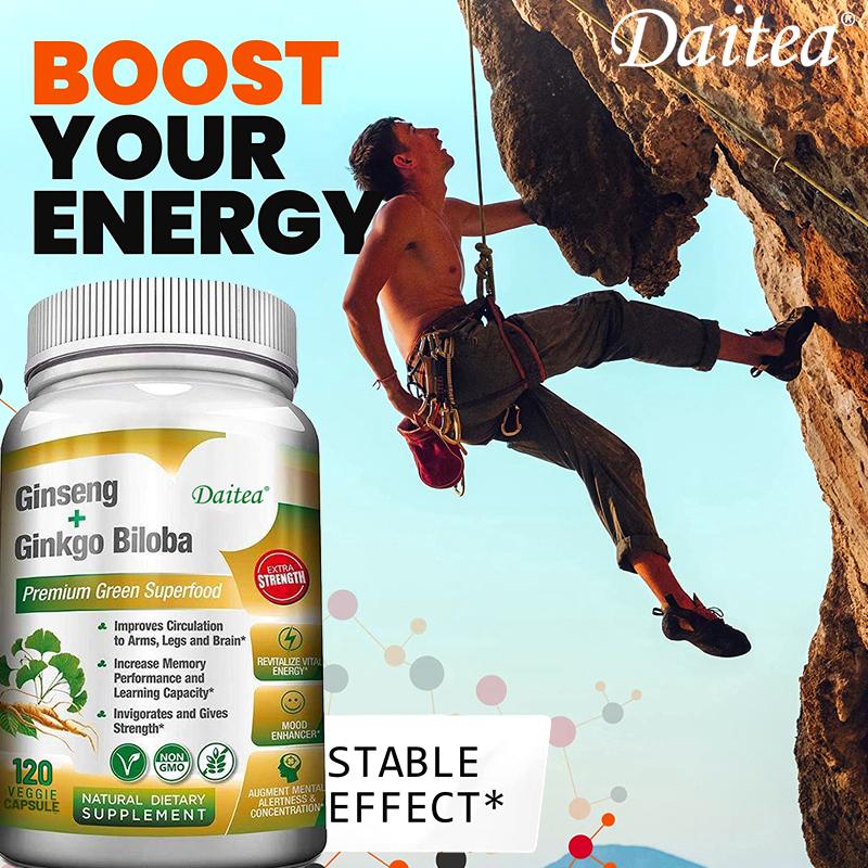 Ginsen & Ginkgo Biloba Dietary Supplement Capsules, 120 Veggie Capsules 60‑Day Supply