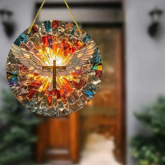 Angel Wing Suncatcher Hanging Decoration Stained Glass 2D Flat Acrylic Glass Window Wall Hanging Round Sign Ornament Christian Religious Gift